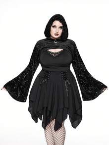 ROMWE Goth 大码哥特式星月亮片羊毛装饰短款优雅闪亮外套，适合秋季穿着；大码女式秋冬黑色连帽短款长袖卫衣；大码黑色连帽卫衣，适合秋冬穿着；哥特风短款上衣，适合圣诞节穿着。 - 黑色 - 查看 10