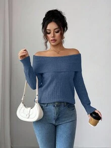 Selianne Top de manga larga ajustado con hombros descubiertos y cuello estilo americano sexy, diseño exclusivo de alta gama, adecuado para otoño/invierno - Dark Blue - Ver 4