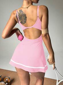 Dewbera Adjustable Strap Contrast Stripe Hem Tankini Dress With Shorts, Suitable For Spring/Summer - Baby Pink - View 5