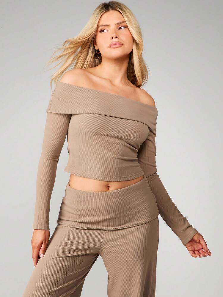 MISSGUIDED Off Shoulder Ribbed Top And Wide Leg Palazzo Co Ord Set Long Sleeve Loungewear