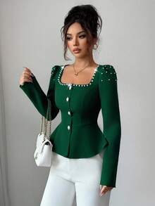 Elenzga Women's Elegant Commuter French Square Collar Bubble Pearl Crafted Puff Sleeve Long Sleeve Casual Blouse, Suitable For All Seasons, Autumn/Winter - Green - View 3