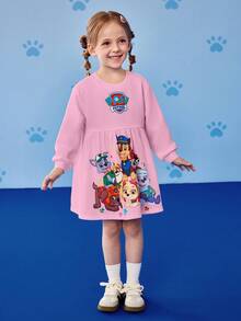 SHEIN | PAW Patrol 小女孩可爱卡通小狗印花圆领长袖针织连衣裙，适合秋冬季穿着 - 粉色 - 查看 4