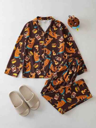 SCOOBY-DOO X SHEIN Tween Boy Cartoon Hamburger Dog All-Over Print Collar Top And Pants Pajama Set, Autumn/Winter Boys Long Pajama Sets Cotton Cartoon Print Pajama Set