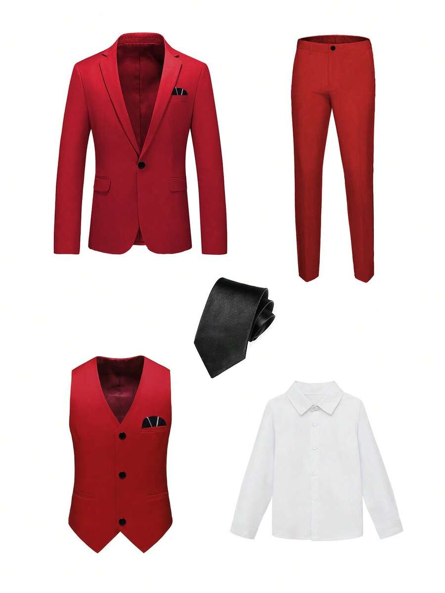 SHEIN 5pcs Tween Boys Suit Set - Notch Lapel Blazer + Single-Breasted Vest + Half-Elastic Waist Pants + Solid White Shirt + Tie, Suitable For Daily Wear, Awards Ceremony, Birthday Party, Wedding, Wedding Guest, Pageboy, Ring Boy - Red - View 1