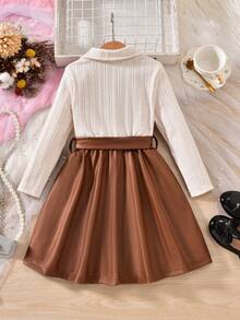 SHEIN Elladie kids Váy kẻ sọc dài tay cổ bẻ màu nâu cho bé gái, sinh động và dễ thương, thích hợp mặc dự tiệc, mặc hàng ngày, mùa thu/đông - màu nâu - Xem 2
