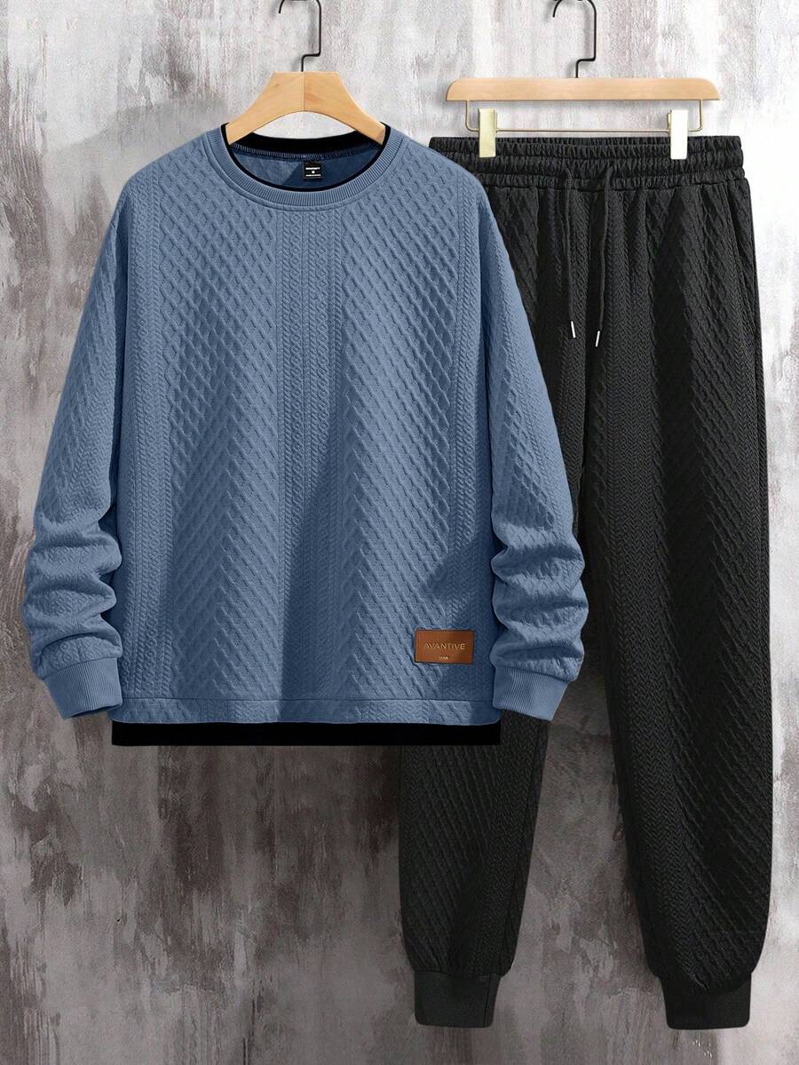 Manfinity Homme 男士套头衫卫衣和抽绳休闲裤两件套 - 藍色 - 查看 1