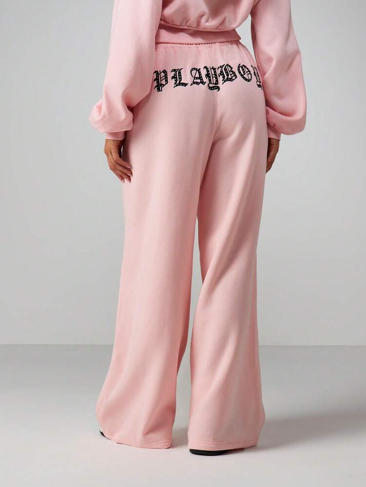 Missguided x Playboy Wide Leg Embroidered Joggers With Diamante Details And Drawstring Waist For Casual Comfort
