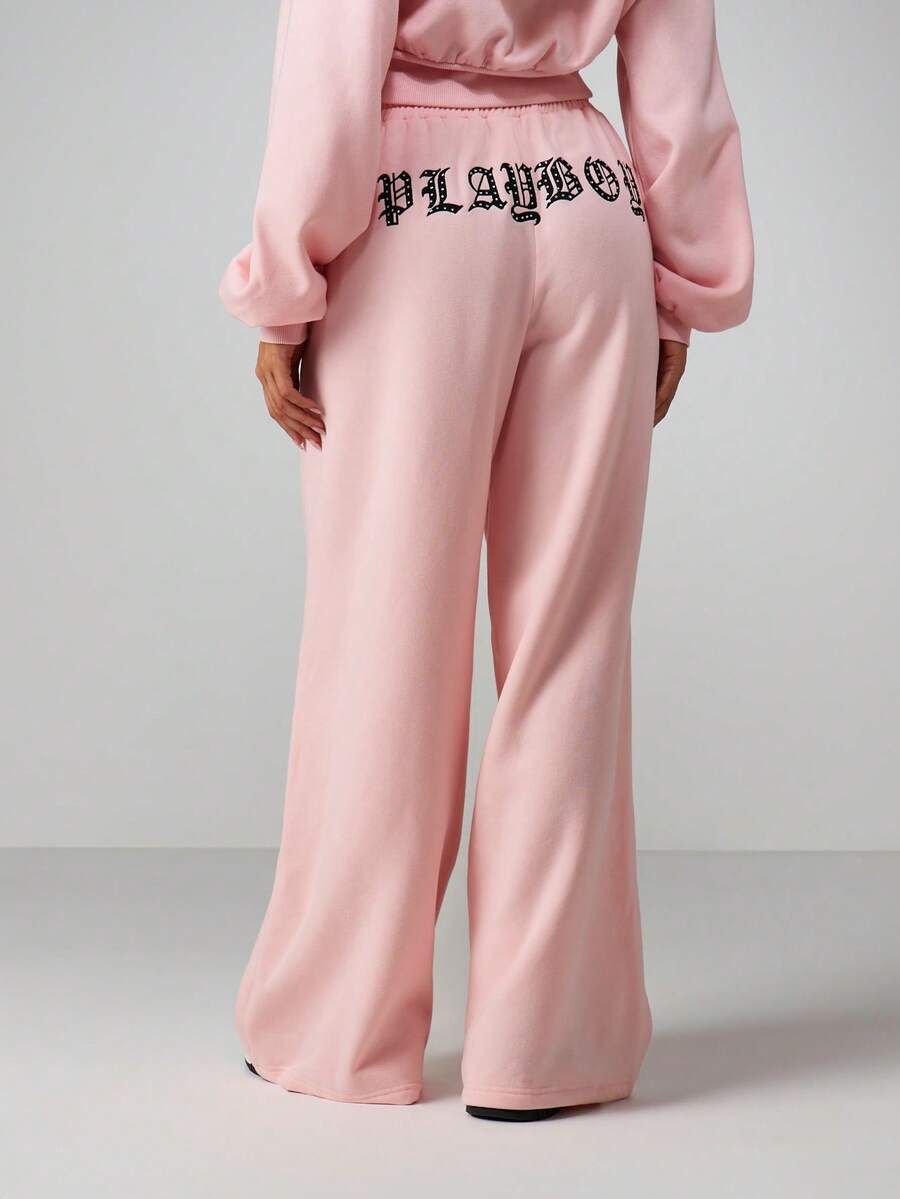 Missguided x Playboy Quần chạy bộ ống rộng thêu họa tiết kim cương và dây rút ở eo tạo sự thoải mái khi mặc thường ngày - Hồng - Xem 1