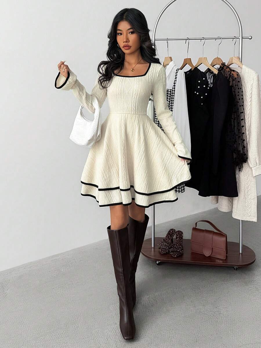 少女米色纹理喇叭袖连衣裙，优雅复古长袖连衣裙，荷叶边纹理连衣裙 - 杏色 - 查看 1