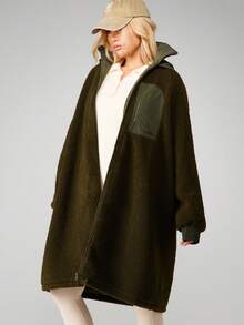 MISSGUIDED Palton lung supradimensionat pentru femei, din fleece Borg, cu fermoar și glugă, pentru toamnă-iarnă, casual - Verde Armată - Vizualizare 5