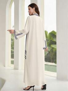 SHEIN Najma 女式优雅 V 领长袖花卉印花宽松流苏阿拉伯连衣裙，春秋 - 彩色 - 查看 2