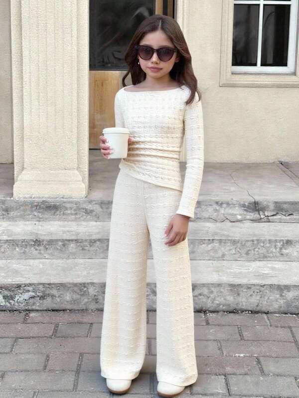 SHEIN Tween Girls Solid Apricot Beige Retro Collegiate Casual Textrue Knitted Off Shoulder Top Long Sleeve Top And Wide Leg Pants 2pcs Set, Casual Daily Wear, For Autumn Winter Knit  Casual Set