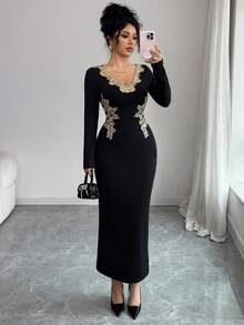 Elenzga Đầm ôm sát tay dài cổ chữ V màu trơn viền ren vàng thanh lịch dành cho nữ, thích hợp cho các buổi tiệc tùng, hẹn hò, tiệc tùng, đi làm, mặc hàng ngày, mùa thu/đông, đầm dài viền ren vàng dành cho nữ, đầm dài tay dành cho nữ - màu đen - Xem 7