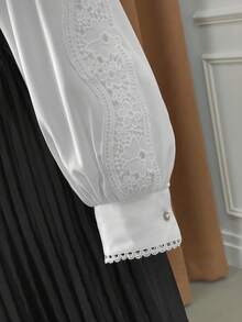 SHEIN Clasi Plus Size Women's New Elegant Versatile Loose Design Lace Patchwork Lantern Sleeve Single-Breasted Blouse - White - View 7