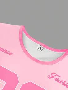 SHEIN 少女超大白色印花撞色圆领短袖宽松T恤和修身短裤运动套装，粉色，夏季街头风 - 白色 - 查看 5