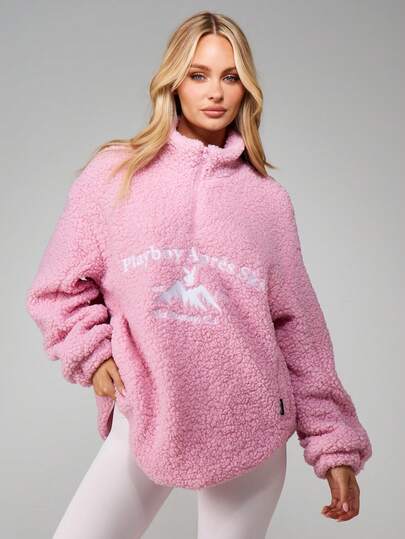 Missguided x Playboy Oversized Sherpa Fleece Sweatshirt With Quarter Zip Pullover Winter Cozy Warm Casual Top