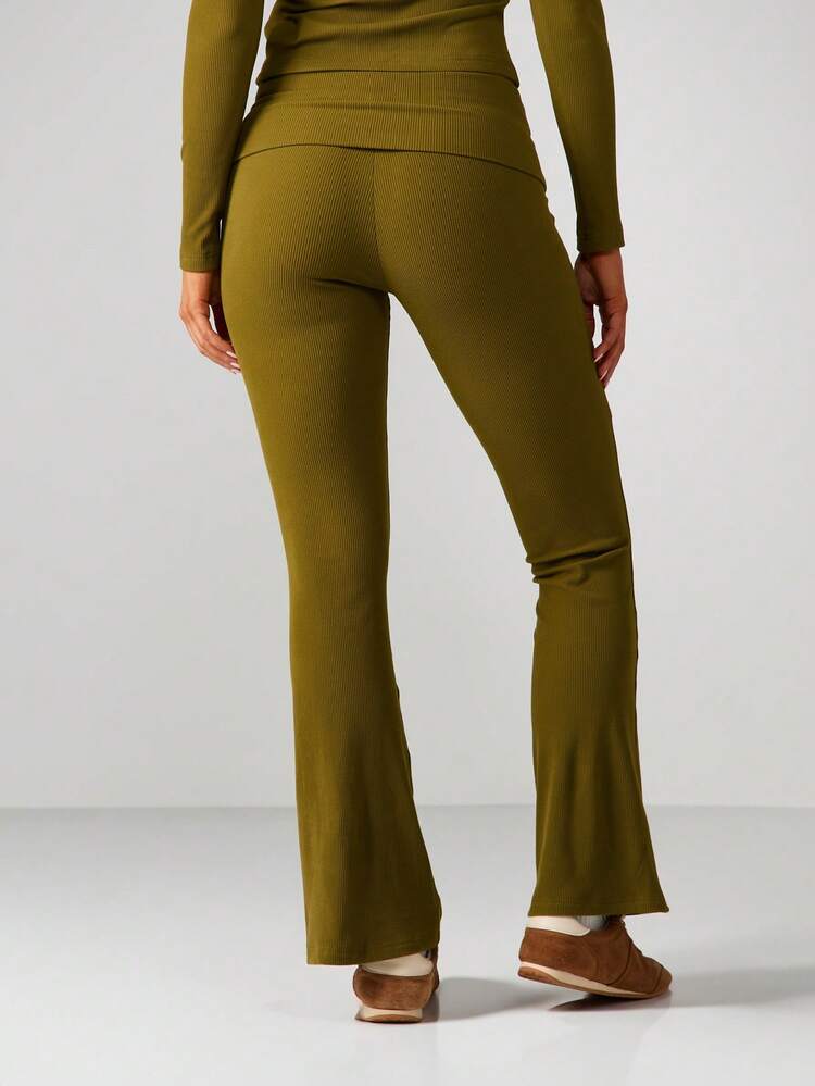 MISSGUIDED Ribbed Foldover Waistband Flare Pants For Women Fall Winter Casual Comfort Stretch