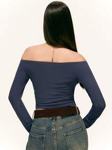 Rina Fox Áo thun dài tay xếp ly hở vai họa tiết nơ thanh lịch dành cho nữ năm 2025, màu trơn tối giản, thu/đông - Màu xanh hải quân - Xem 4