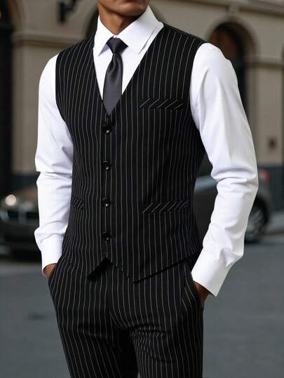SHEIN 2pcs/Set Teen Boy Gentleman Outfit - Black Striped Slim Fit Vest + Black Striped Trousers, Elegant Business Formal Suit For Birthday, Wedding, Wedding Guest, Pageboy, Ring Boy