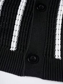 Claim Dot Men's Contrast Stripe Hollow Out Long Sleeve Cardigan Men Knitted Button Up Men Crochet Shirt Men Striped Long Sleeves Men White Stripe Shirt Men Black And White Shirt