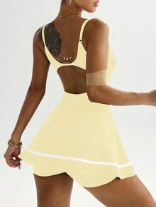 Gameset SHEIN Sport Adjustable Strap Contrast Stripe Hem Tankini Dress With Shorts, Suitable For Spring/Summer - Yellow - View 2