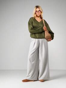 MISSGUIDED Oversized V Neck Sweatshirt For Women Casual Pullover Top Relaxed Fit Long Sleeve Fall Winter Comfort Wear - Olive Green - View 3