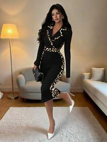 Elenzga 女士优雅撞色西装领修身长袖小黑裙，秋冬款 - 黑色 - 查看 5