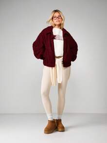 MISSGUIDED Oversized Wool Look Bomber Jacket With Ribbed Collar And Cuffs Fall Winter Outerwear Christmas - Burgundy - View 3