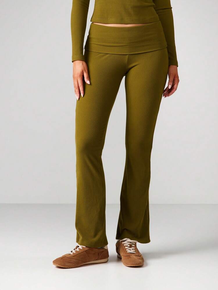 MISSGUIDED Ribbed Foldover Waistband Flare Pants For Women Fall Winter Casual Comfort Stretch