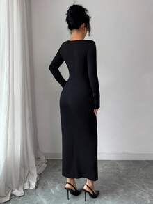 Elenzga Đầm ôm sát tay dài cổ chữ V màu trơn viền ren vàng thanh lịch dành cho nữ, thích hợp cho các buổi tiệc tùng, hẹn hò, tiệc tùng, đi làm, mặc hàng ngày, mùa thu/đông, đầm dài viền ren vàng dành cho nữ, đầm dài tay dành cho nữ - màu đen - Xem 2