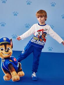 SHEIN | PAW Patrol 2pcs/Set Young Boy Cartoon Dog Graphic Knit Contrast Collar Long Sleeve T-Shirt And Cuffed Pocket Sweatpants, Autumn/Winter - Blue - View 4
