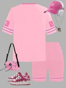 SHEIN 少女超大白色印花撞色圆领短袖宽松T恤和修身短裤运动套装，粉色，夏季街头风 - 白色 - 查看 2