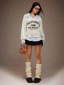 Women's Casual School Style Letter Print 2 In 1 Shirt Collar Sweatshirt, Autumn/Winter - Grey - View 5