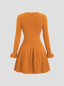 GlowEve 初秋法式优雅风藏青色镂空复古荷叶边下摆优雅长袖短款针织连衣裙 - 珊瑚橙 - 查看 2