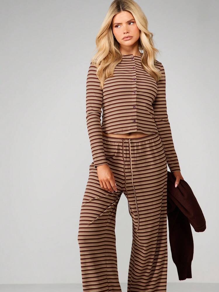 MISSGUIDED Ribbed Knit Two Piece Set Long Sleeve Top Wide Leg Pants Horizontal Striped Lounge Co Ord Fall Winter Casual Matching Outfit