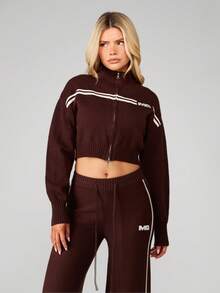 MISSGUIDED Cárdigan con cremallera ajustado con detalle de rayas jacquard, suéter de punto acanalado de invierno - Café integral - Ver 1