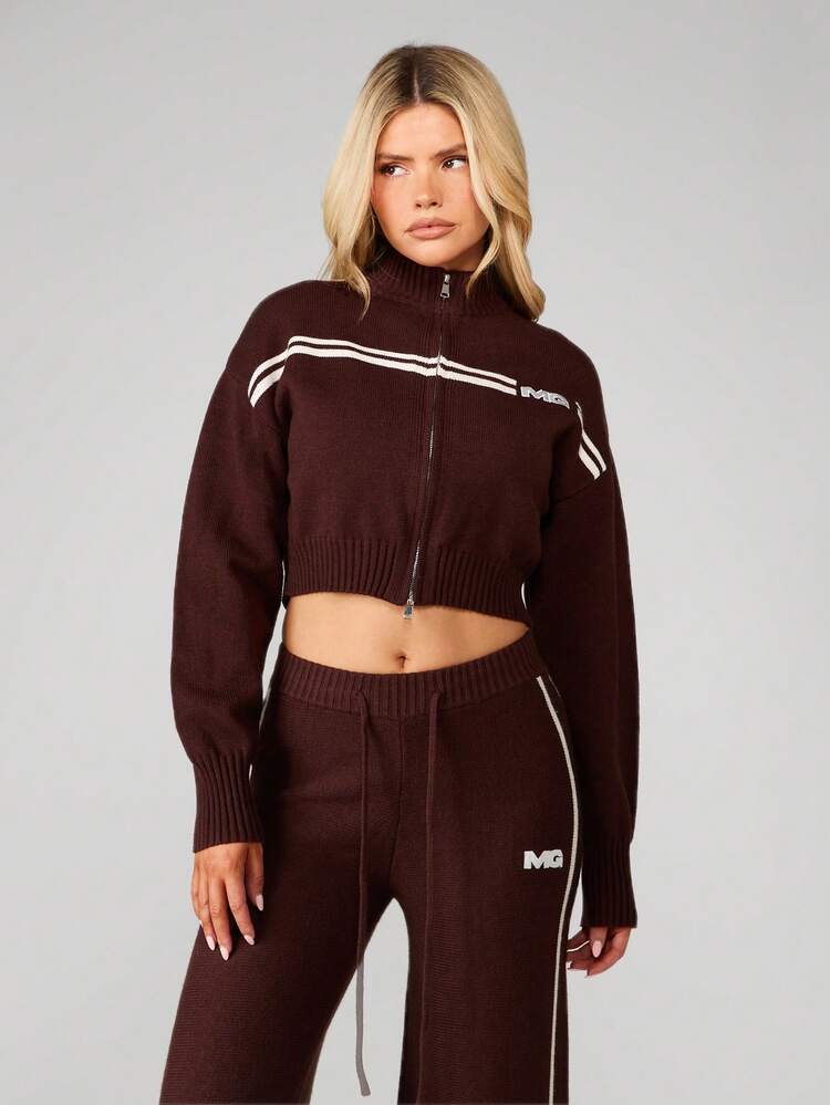 MISSGUIDED Fitted Zip Through Cardigan With Jacquard Stripe Detail Ribbed Knit Winter Sweater