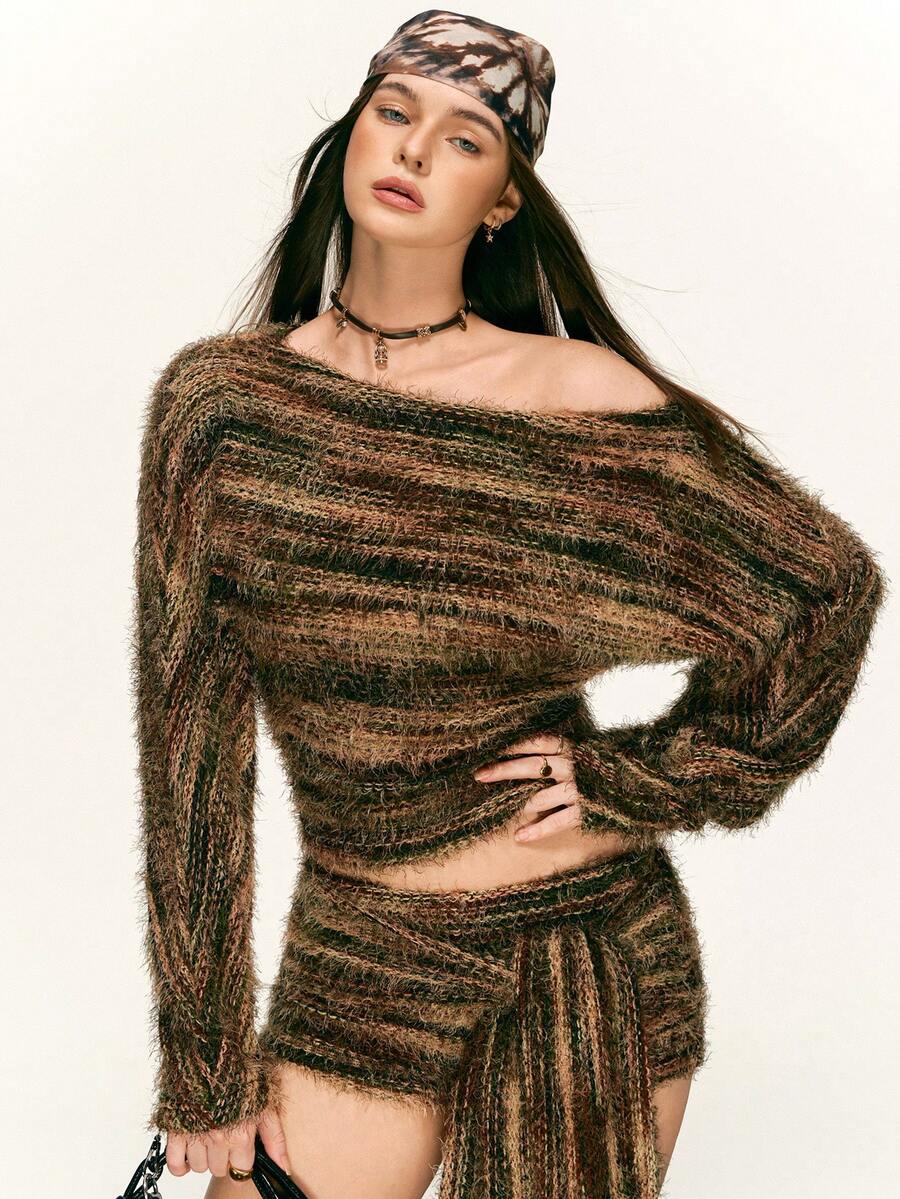 Rina Fox 女式条纹不对称肩长袖上衣和短裤两件套 - 彩色 - 查看 1