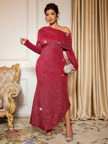 Cravure Plus Size Women's Elegant Oblique Shoulder Long Sleeve Cinched Waist Bodycon Dress, Suitable For Outings, Gatherings, Back To School Season - Burgundy - View 3