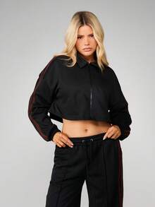 MISSGUIDED Áo nỉ cổ bẻ có khóa kéo toàn bộ với họa tiết sọc hai bên Áo khoác chui đầu cho nữ tay dài kiểu dáng ngắn - màu đen - Xem 4