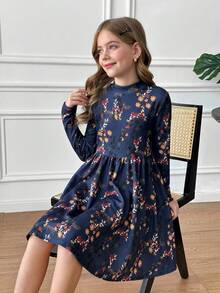 SHEIN Serisse Kids Váy ngắn thanh lịch cổ đứng in hoa cho bé gái tuổi teen, váy hoa cho bé gái, váy mùa đông dài tay in hoa, váy mùa đông thanh lịch cho bé gái, váy mùa đông cho bé gái - Màu xanh lam - Xem 2