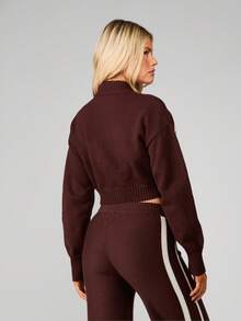 MISSGUIDED Cárdigan con cremallera ajustado con detalle de rayas jacquard, suéter de punto acanalado de invierno - Café integral - Ver 2