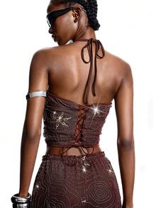 LYSMO Women's Punk Style Halter Neck Tank Top & Long Pants 2 Pieces Set - Coffee Brown - View 8