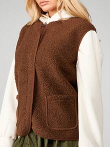 MISSGUIDED 舒适羊羔绒拉链背心抓绒马甲冬季保暖外套秋季外衣 - 棕色 - 查看 4