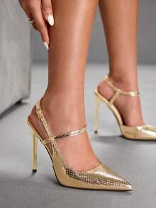 CUCCOO SZL 女士金色蜥蜴纹时尚高跟鞋，带扣装饰的高跟尖头一脚蹬鞋，性感派对高跟鞋 - 金色 - 查看 3