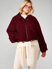 MISSGUIDED Oversized Wool Look Bomber Jacket With Ribbed Collar And Cuffs Fall Winter Outerwear Christmas - Burgundy - View 4