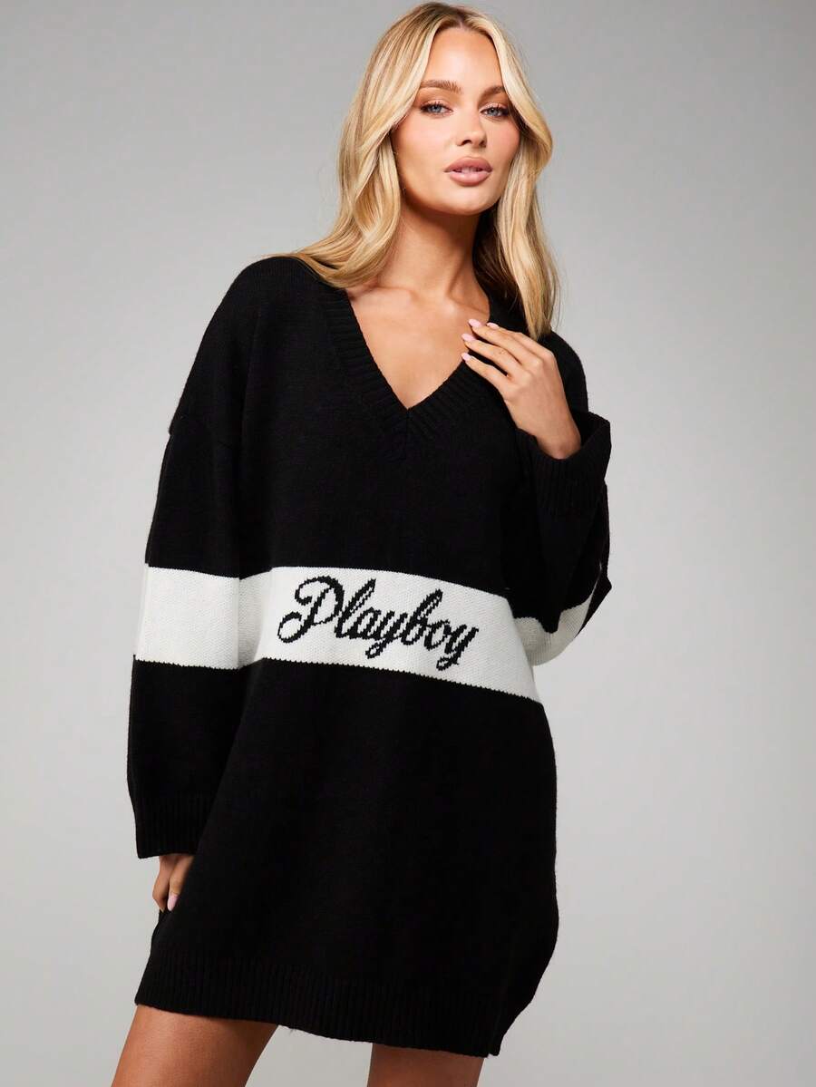 Missguided x Playboy Oversized V-Neck Knit Sweater Dress With Logo Print Long Sleeve Mini Dress Fall Winter Casual Wear - Black - View 1