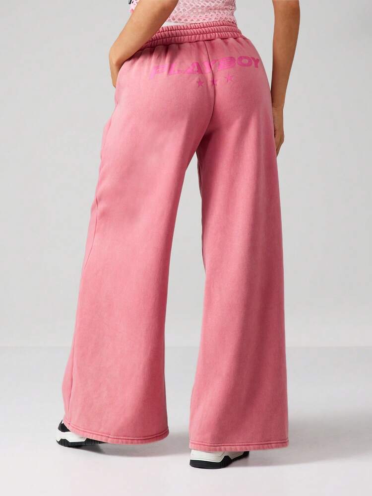 Missguided x Playboy Pantalones de chándal de pierna ancha y sobredimensionados para mujeres - Pantalones de chándal de algodón lavado casual con cintura con cordón y bolsillos laterales - Pantalones de salón de ajuste holgado
