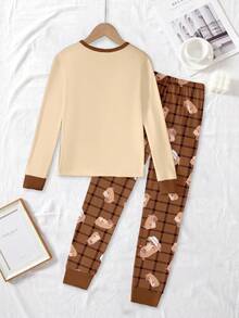 2件套女童可爱休闲日常棕色水豚卡通图案圆领针织套头卫衣和打底裤柔软弹力家居服套装 - 彩色 - 查看 2