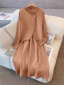 GlowEve Conjunto de dos piezas de elegante y sofisticado cárdigan casual de cuello redondo adelgazante y vestido de punto, para otoño/invierno - Rosa vieja - Ver 4